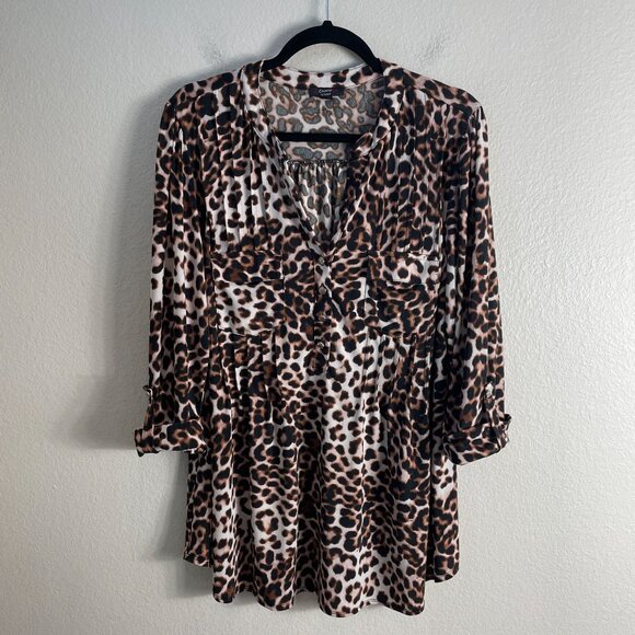 Cocomo Womens Plus 1X Leopard Tunic Top V Neck Roll Tab Sleeve Blouse Stretch - Picture 6 of 9